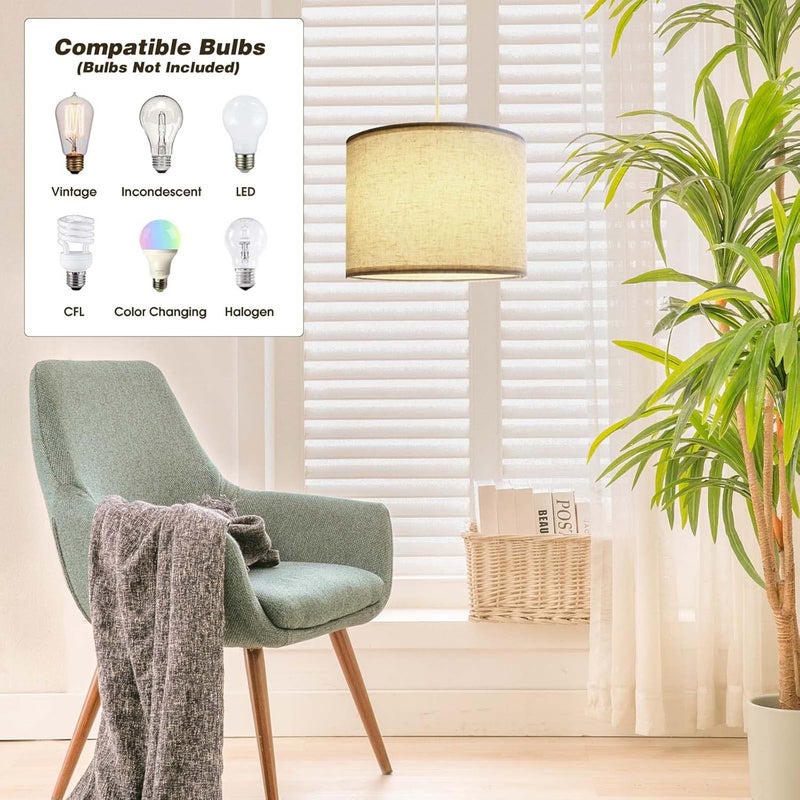 KUAUGST Plug in Pendant Light, 15 FT Hanging Lamp with Plug in Cord, On/Off Switch, Pendant Lighting with Fabric Shade, Hanging Light Fixture for Living Room, Bedroom, Dining Room, Kitchen (Beige) - Image 2